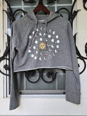 Y2K 90s Sun Moon Phases Butterfly Cropped Witchy Hoodie Grey  - M - Attic Salt